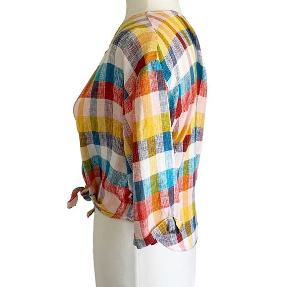 Lucky Brand Multicolor Plaid Crop Top — Women’s L, Button-Front Tie-Front Blouse - Picture 3 of 7